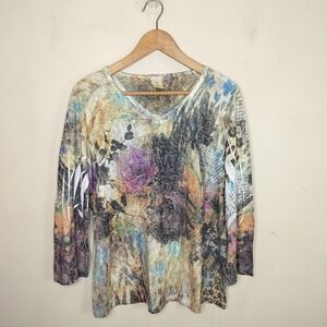 Jess & Jane Floral Art to Wear Top Embellished Beaded Stretch